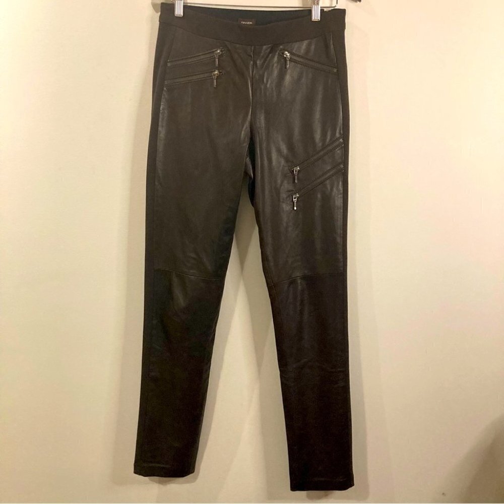 DANIER Sz 10 Italian Leather Fabric Zipper Pockets Hem Tapered  Leg Moto Pants